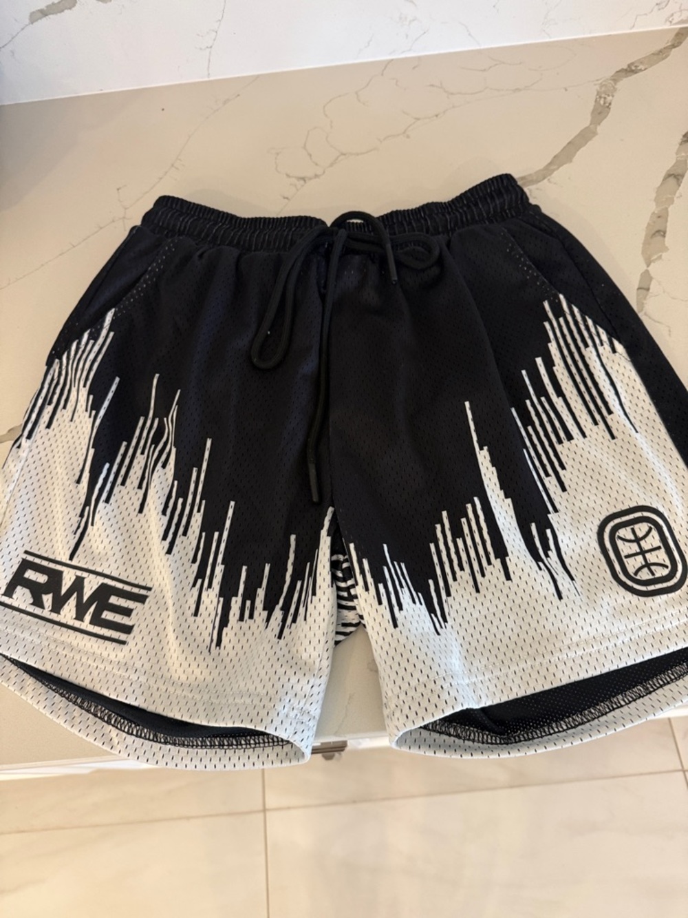 PWE Men's Black & White Athletic Mesh Shorts with Drawstring